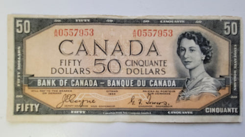1954 Bank of Canada fifty dollar note front serial A/H 0557953