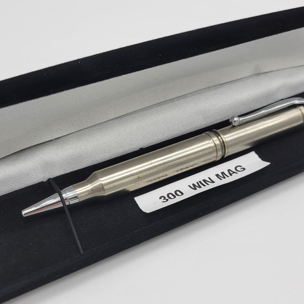 Close-up of 300 Win Mag bullet-style pen