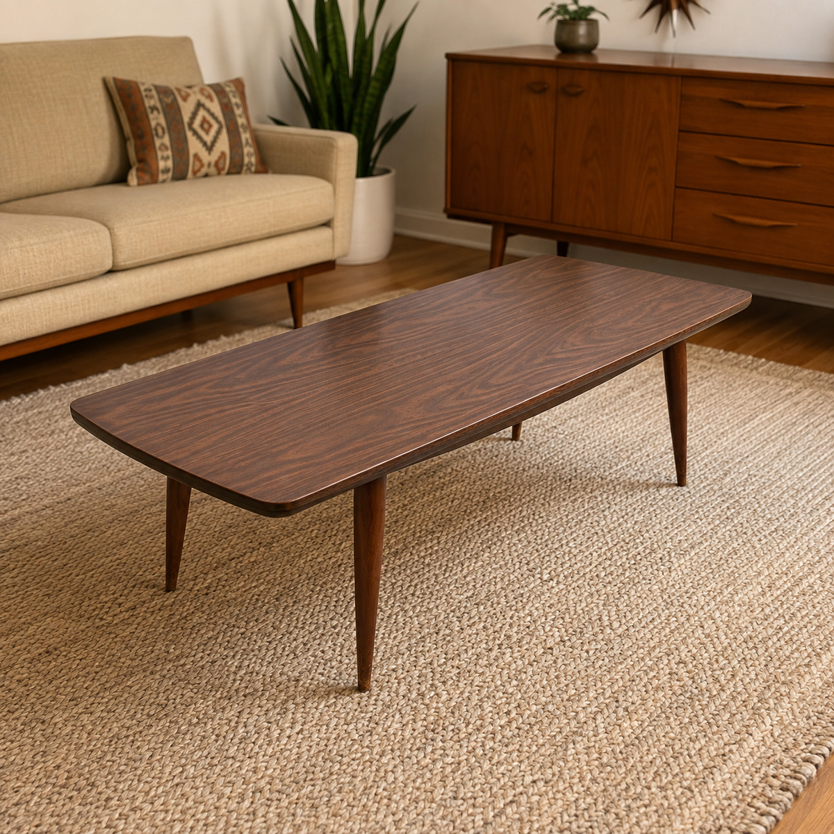 Vintage Mid-Century Modern Coffee Table – 60" Woodgrain Laminate