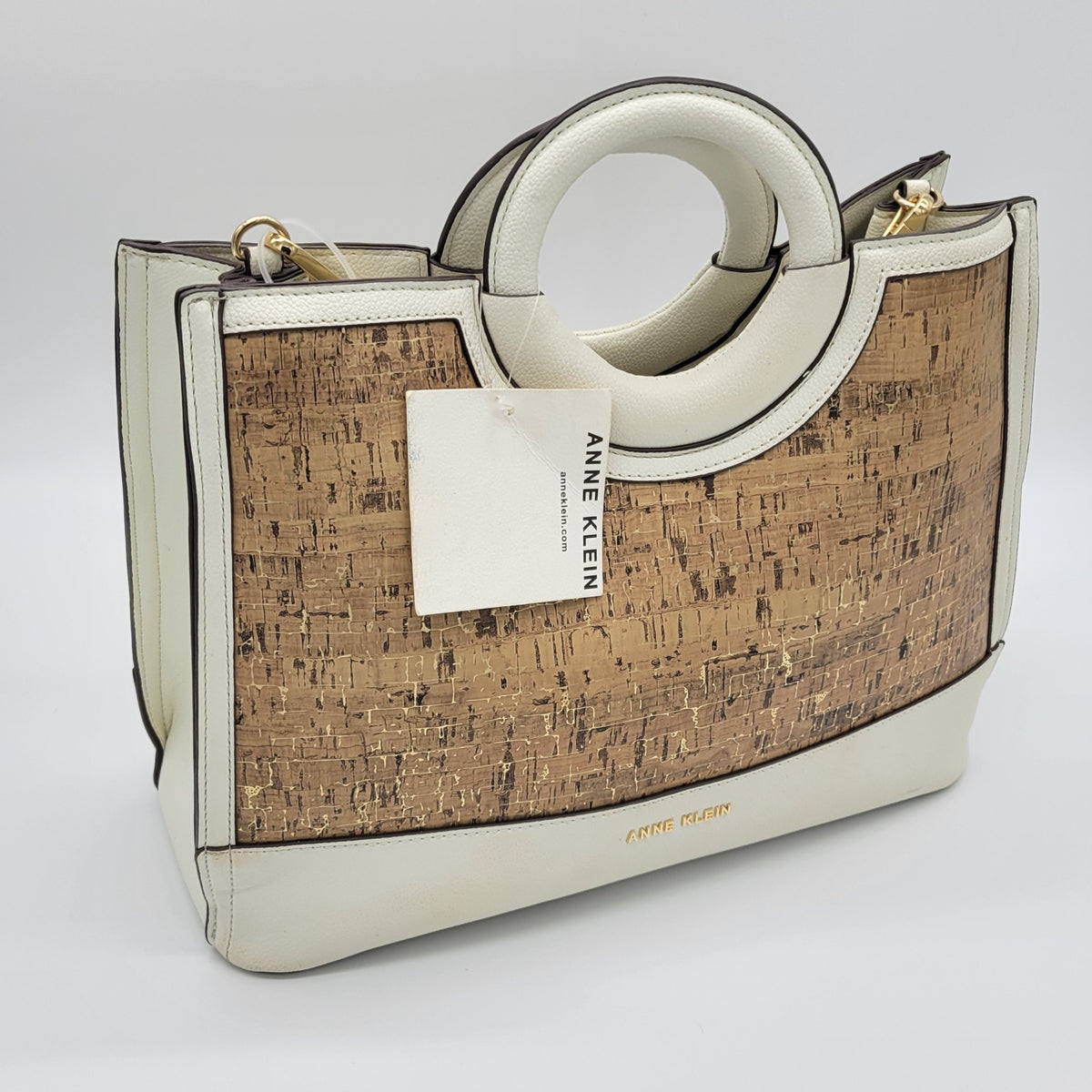 Anne Klein white and cork satchel handbag front view with tags