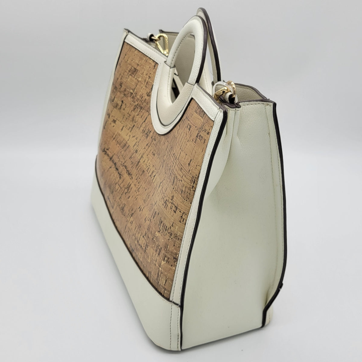 Anne Klein white and cork satchel handbag side view