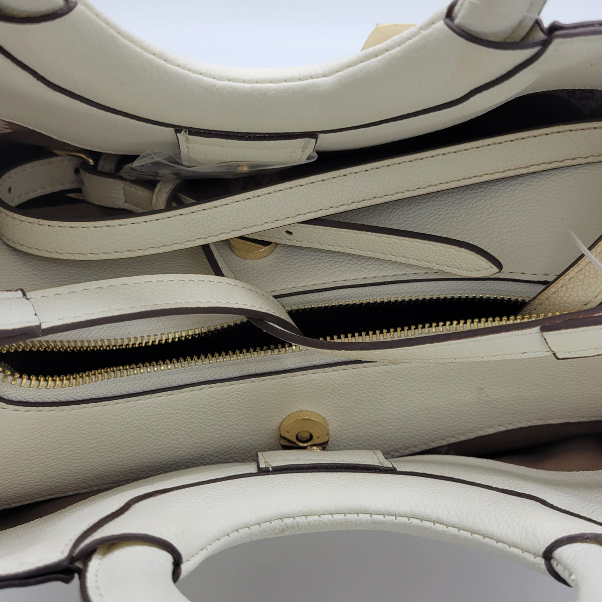 Anne Klein white and cork satchel handbag interior and strap detail