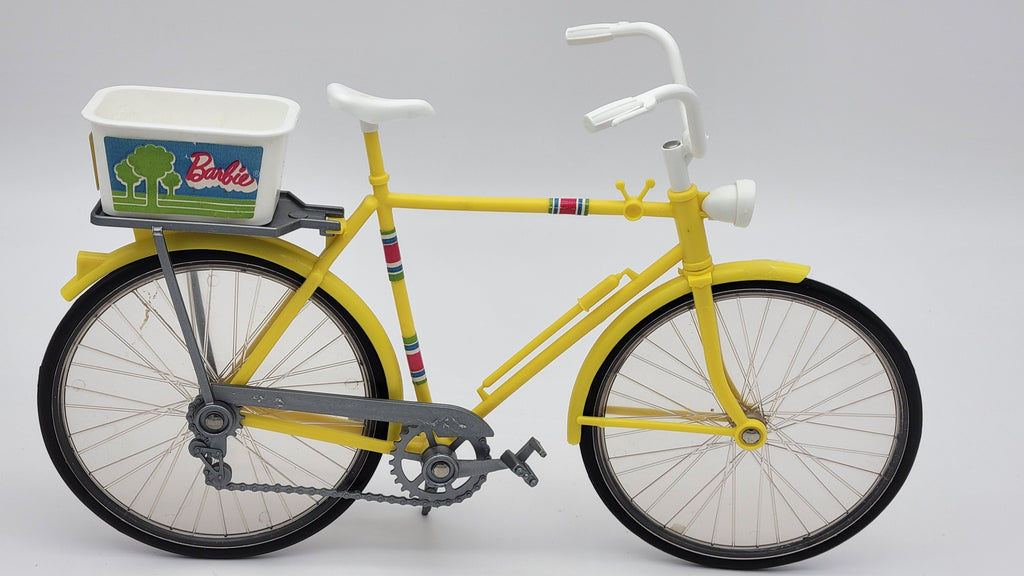 Vintage Barbie Ten Speeder yellow bicycle reverse side view with basket