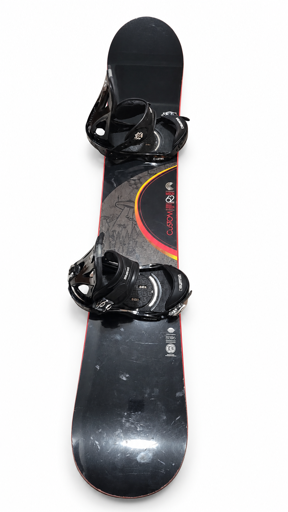 Burton Custom 162 snowboard with Cartel bindings on a clean white background