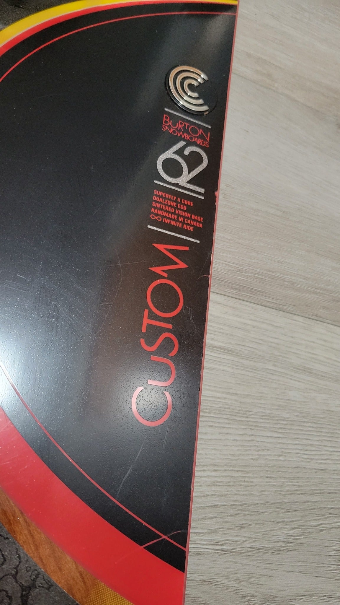 Burton Custom 162 snowboard model and construction marking