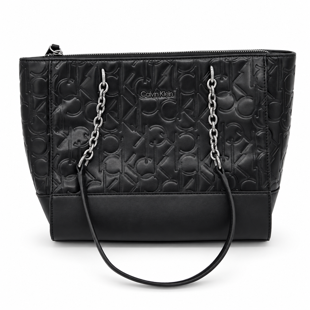 Calvin Klein black embossed monogram tote handbag front