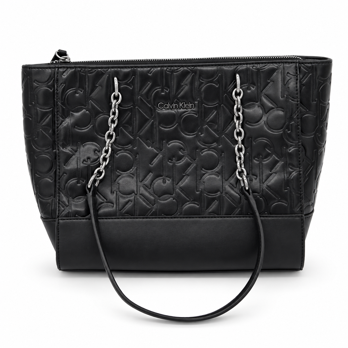 Calvin Klein black embossed monogram tote handbag front