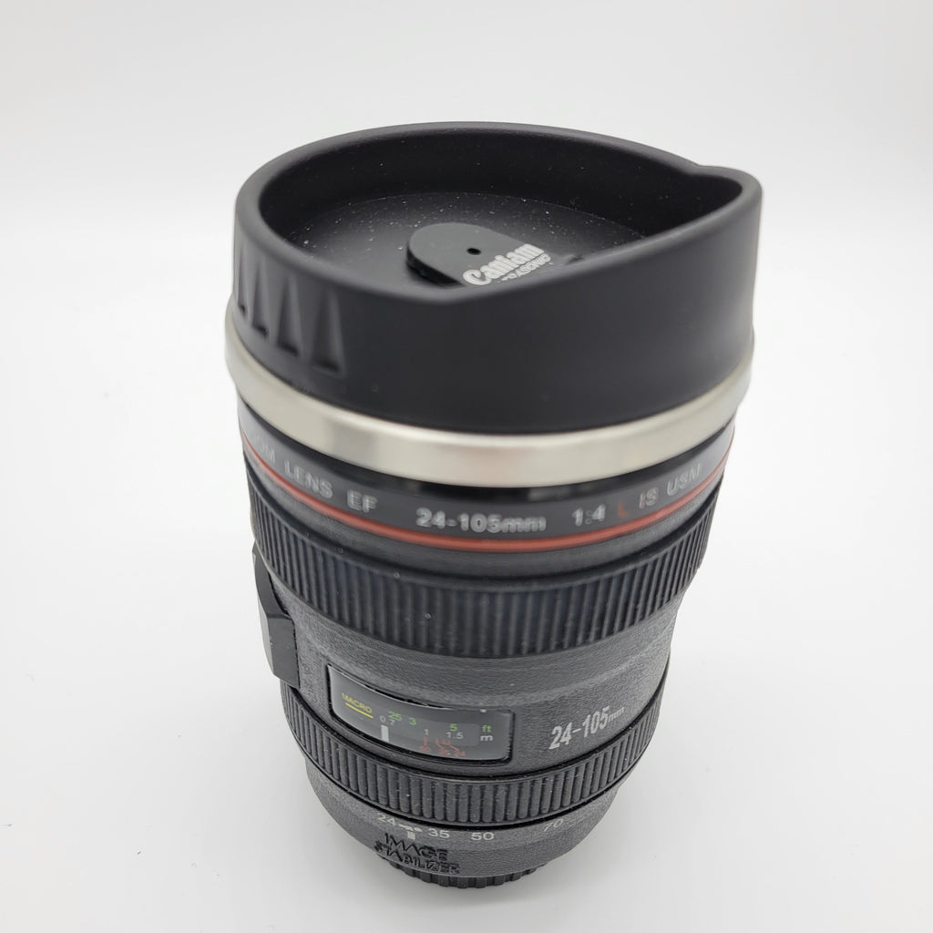 Canon EF 24-105mm f/4L lens-style novelty travel mug close-up