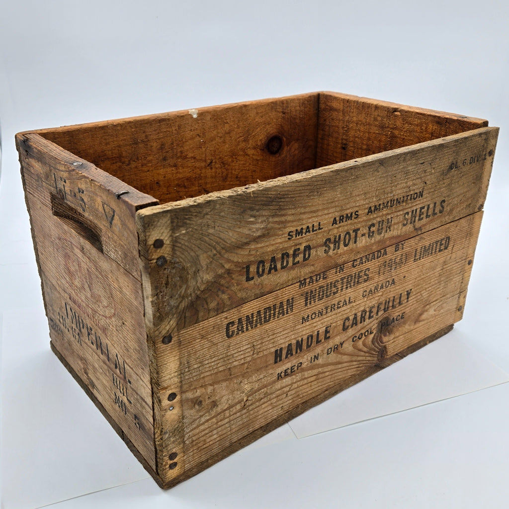 Vintage Canadian Industries Limited CIL shotgun shell wooden ammunition crate front angle