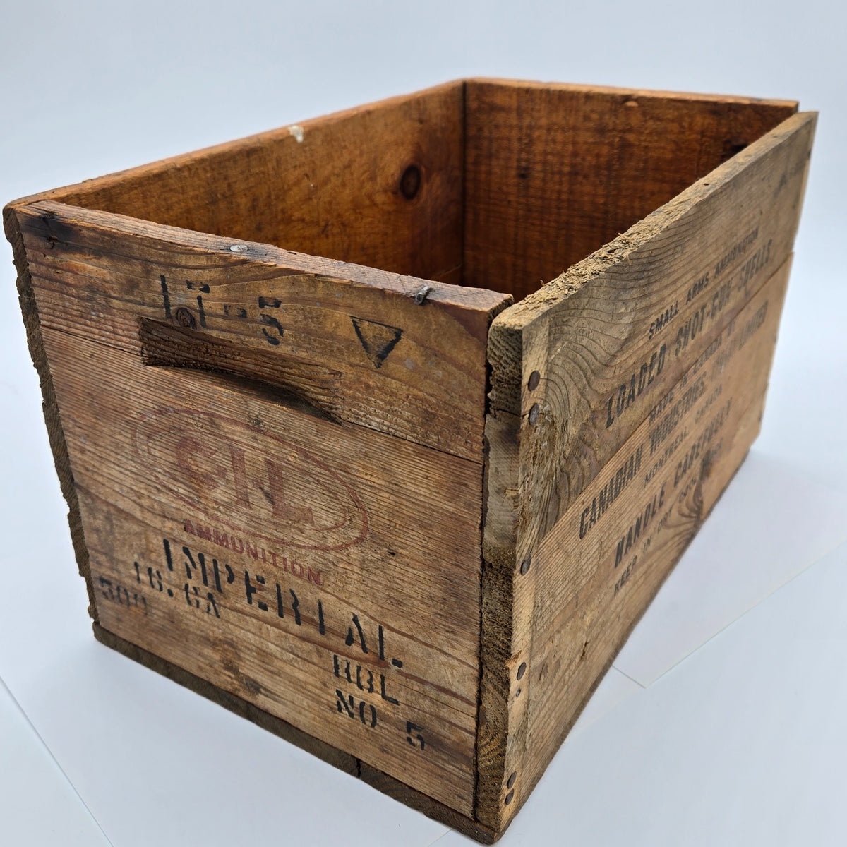 Vintage CIL Canadian shotgun shell wooden crate side angle