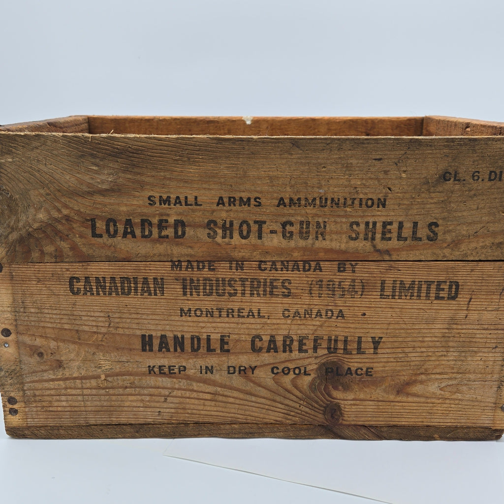 Vintage CIL wooden shotgun shell crate side markings Canadian Industries Montreal