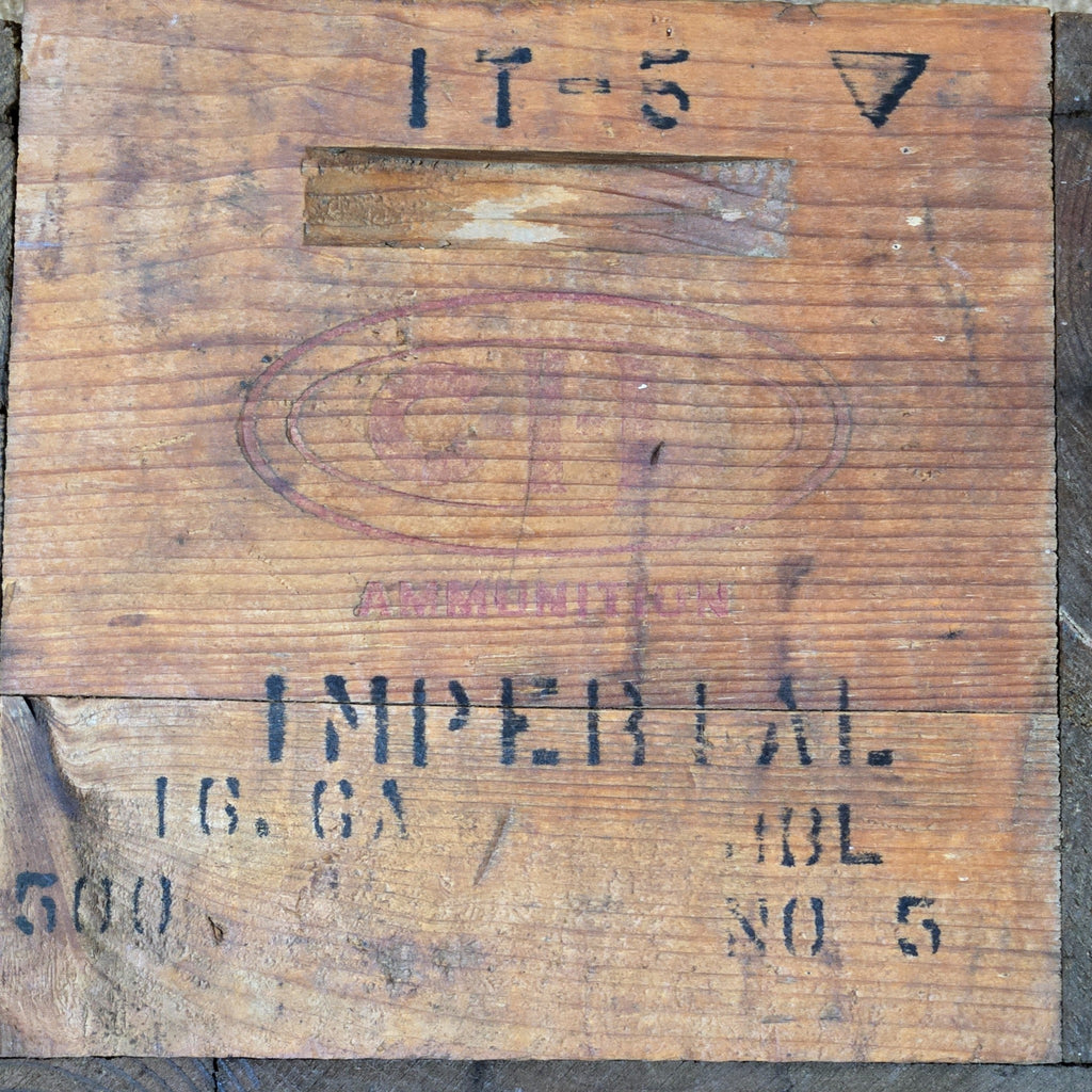 Vintage CIL ammunition crate Imperial 16 gauge No. 5 markings close-up