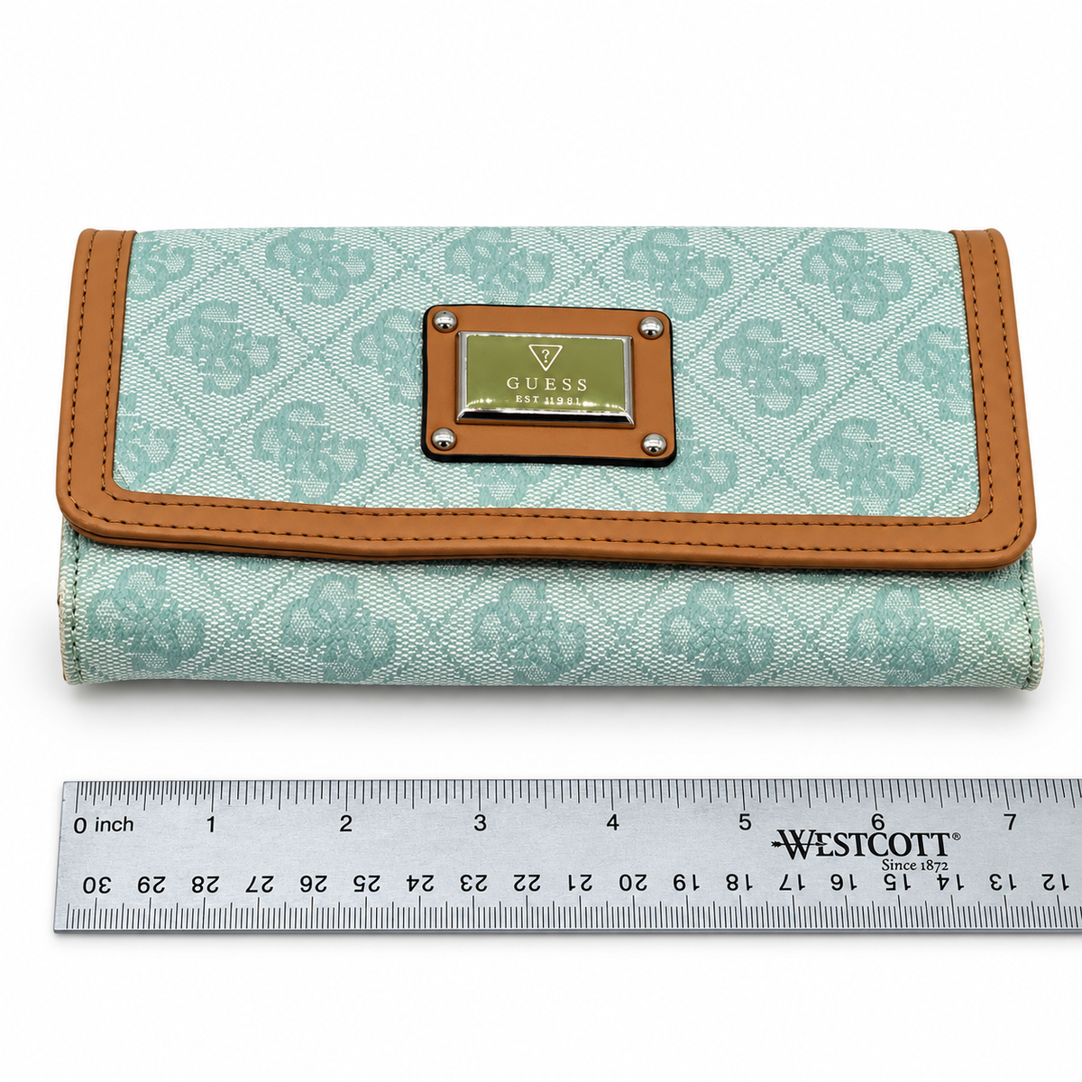 Guess mint monogram and tan trim women's wallet front