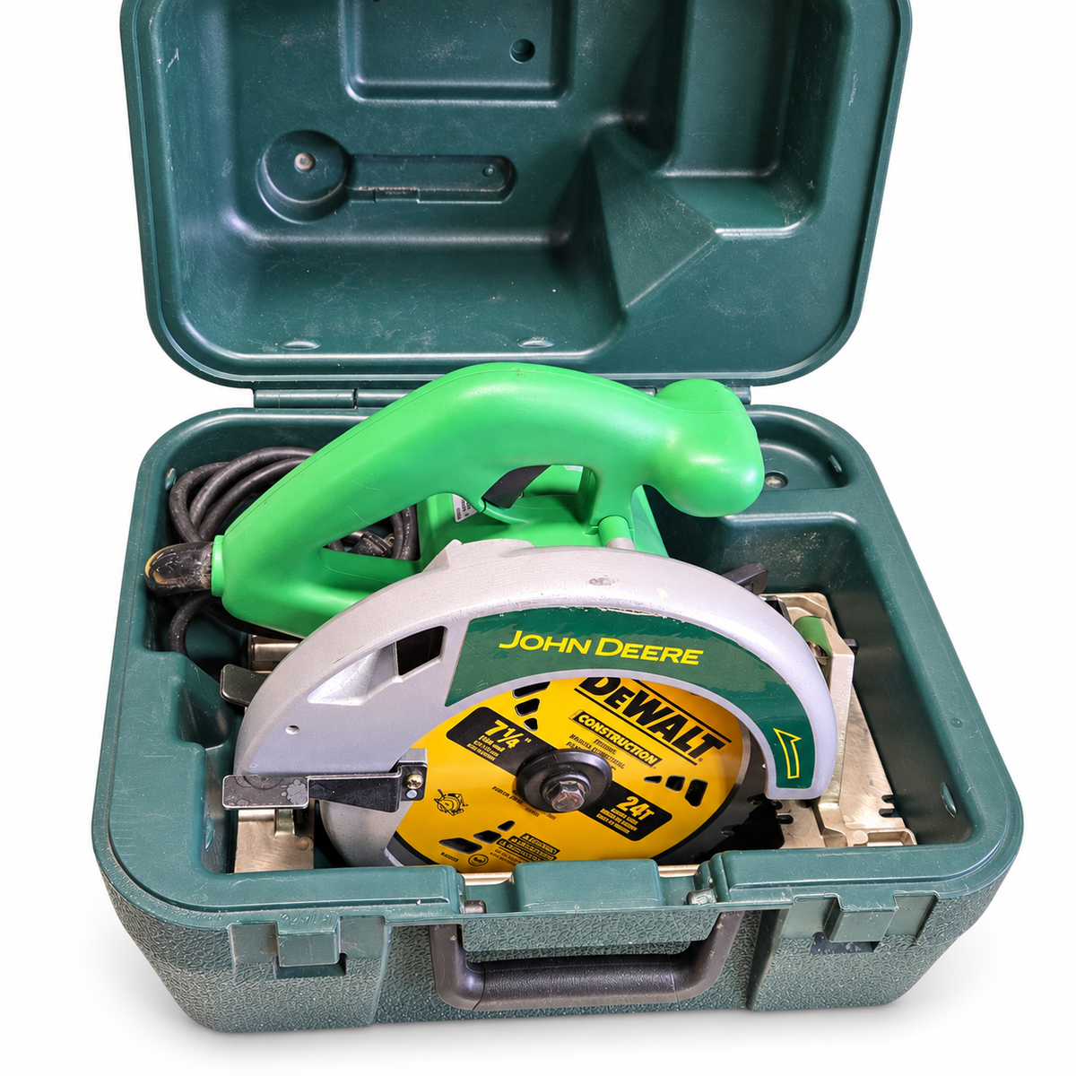 John Deere 7-1/4 inch circular saw in open carrying case on white background