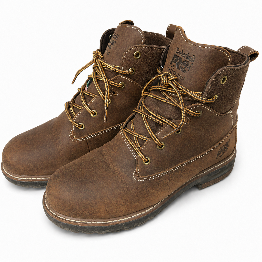 Timberland PRO Hightower women's brown safety work boots size 8 angled view