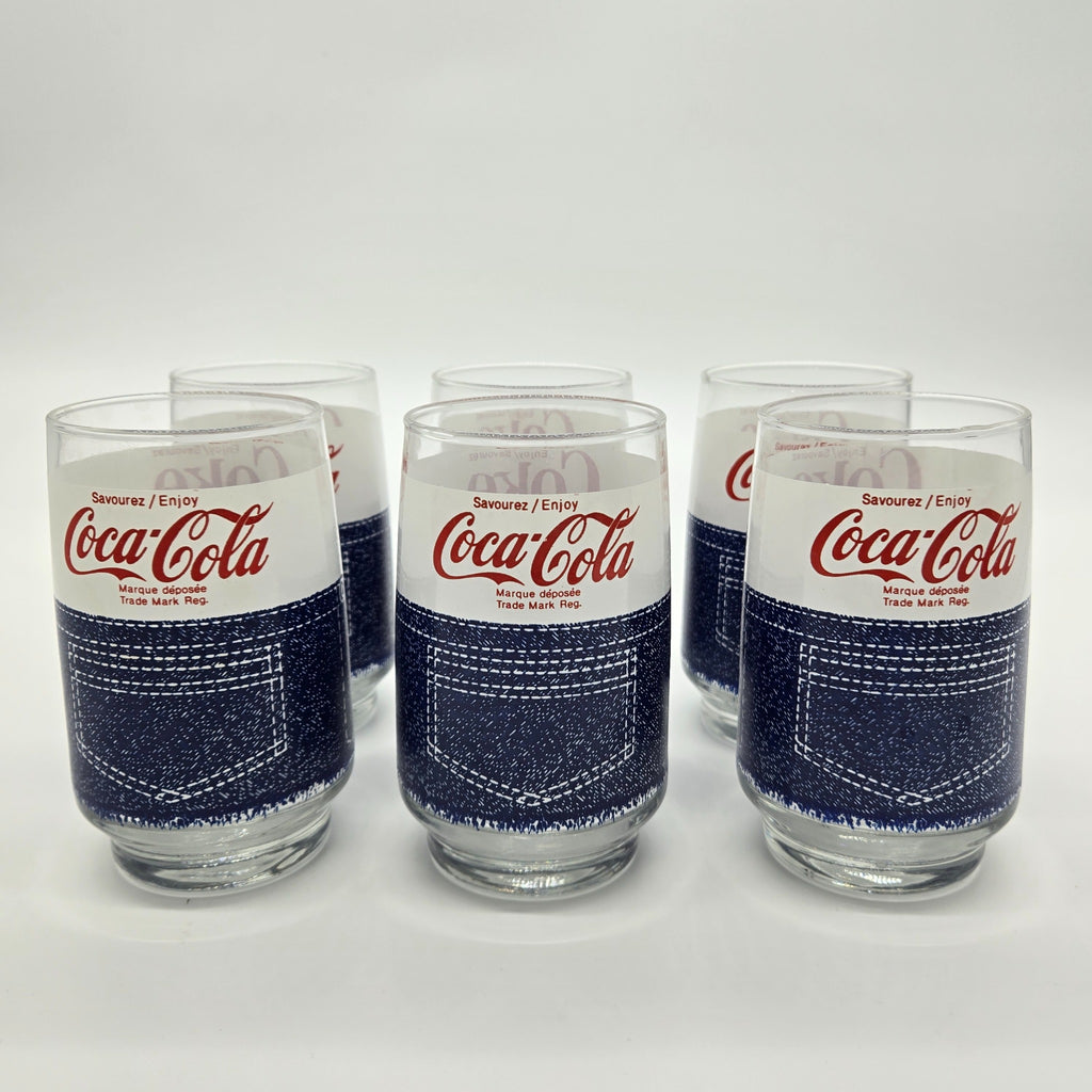 Six vintage Coca-Cola denim pocket glasses front view