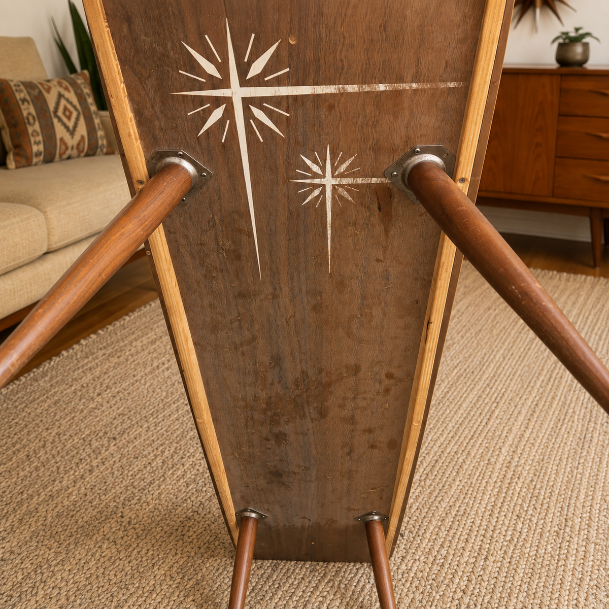 Vintage mid-century modern coffee table with woodgrain laminate top in a staged living room