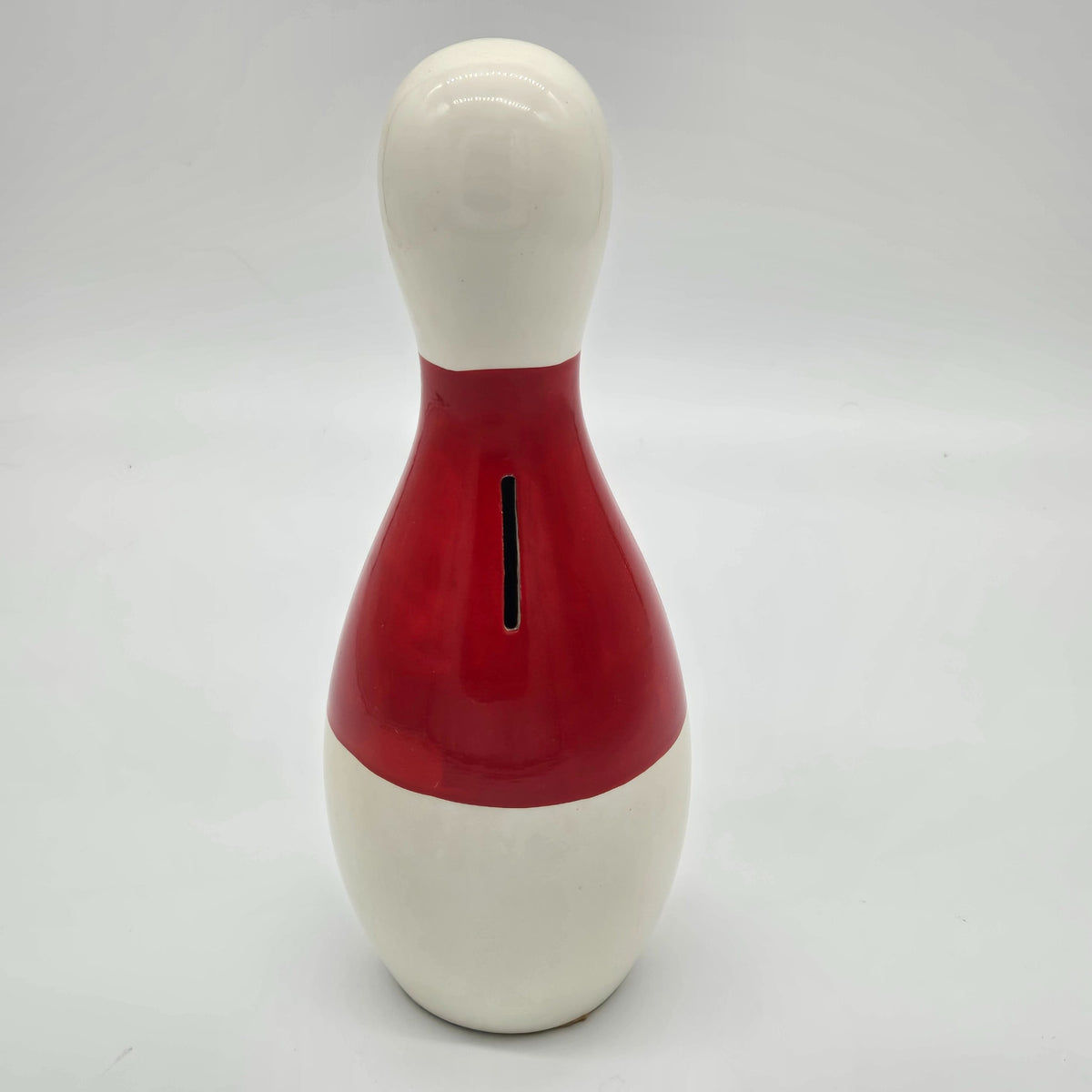 Vintage hand-painted Japan Pin Money Bank ceramic bowling pin back coin slot