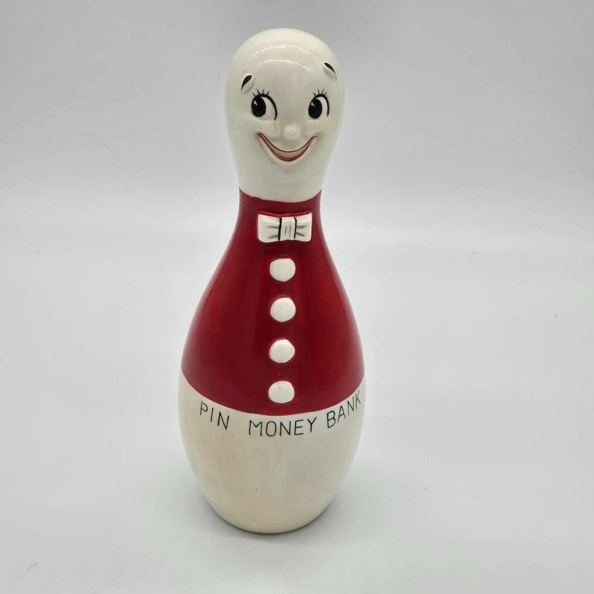 Vintage hand-painted Japan Pin Money Bank ceramic bowling pin front view